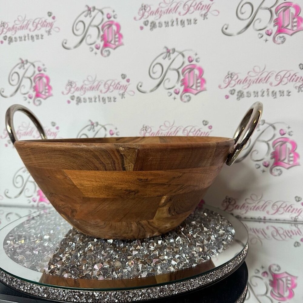 Wooden Bowl large with Silver Handles luxe wood bowl